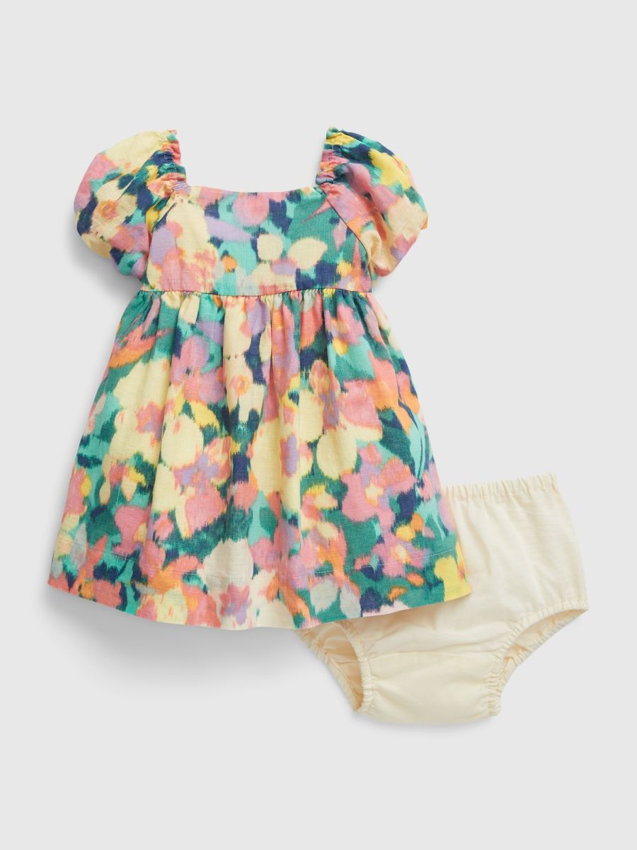 Baby Linen-Cotton Puff Sleeve Floral Dress