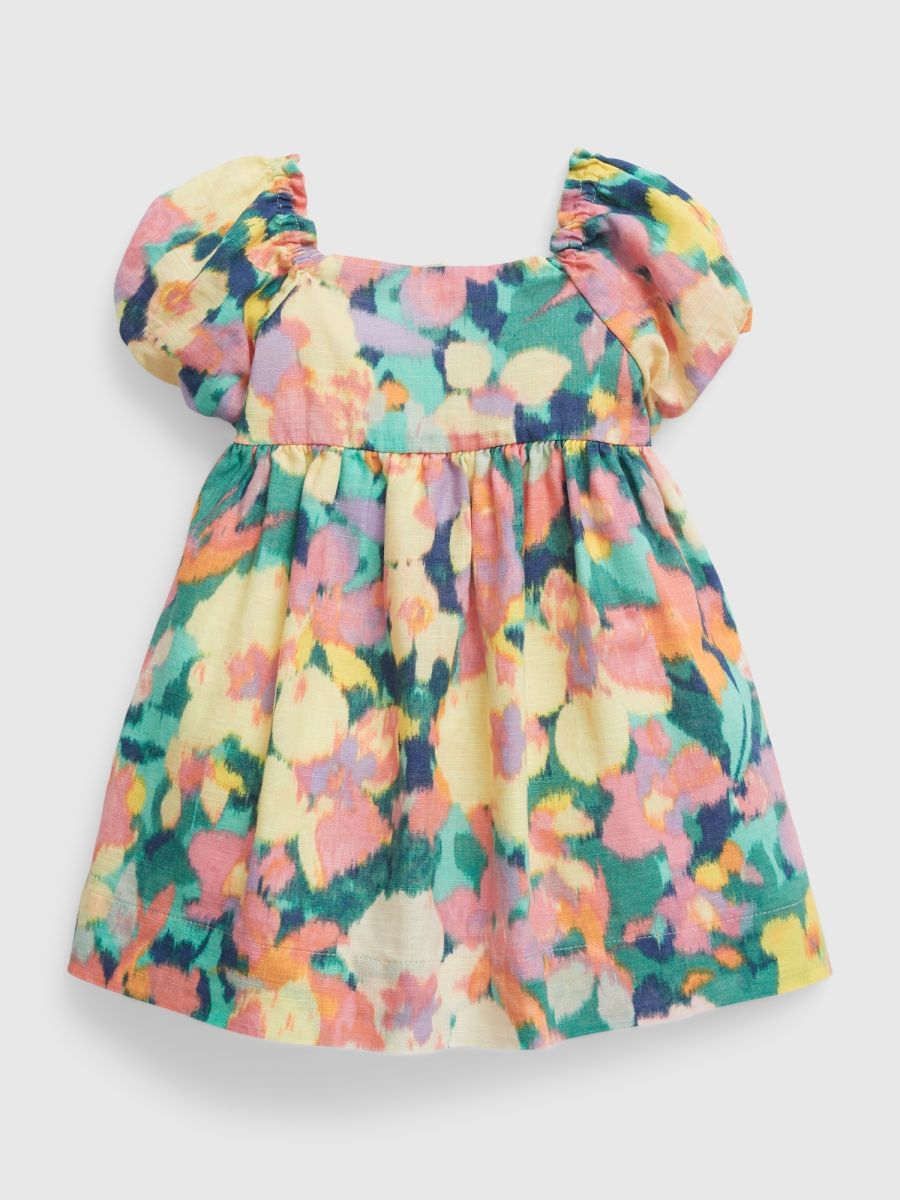 Baby Linen-Cotton Puff Sleeve Floral Dress