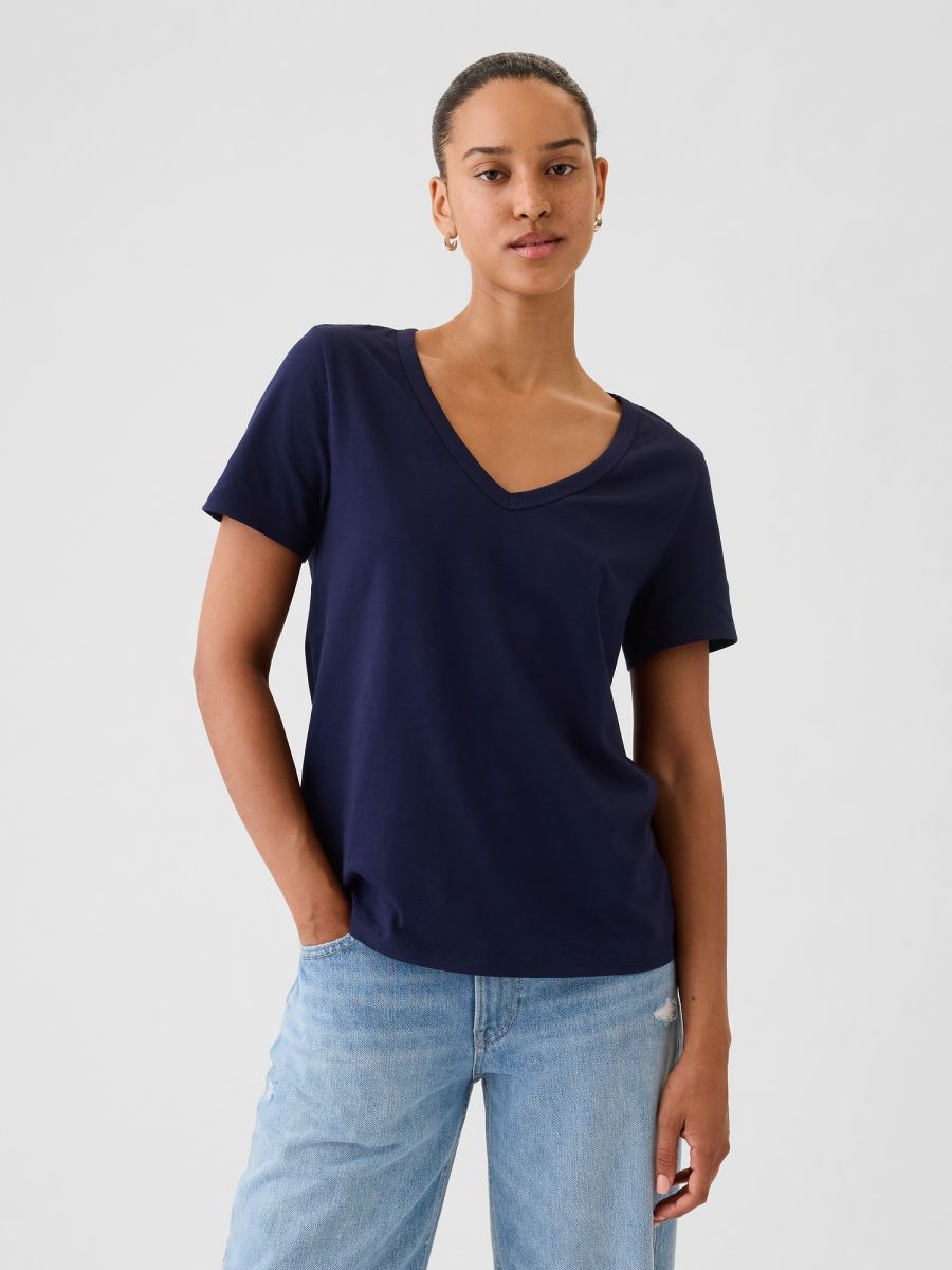 Μπλε Vintage V-Neck Μπλούζα από Οργανικό Βαμβάκι