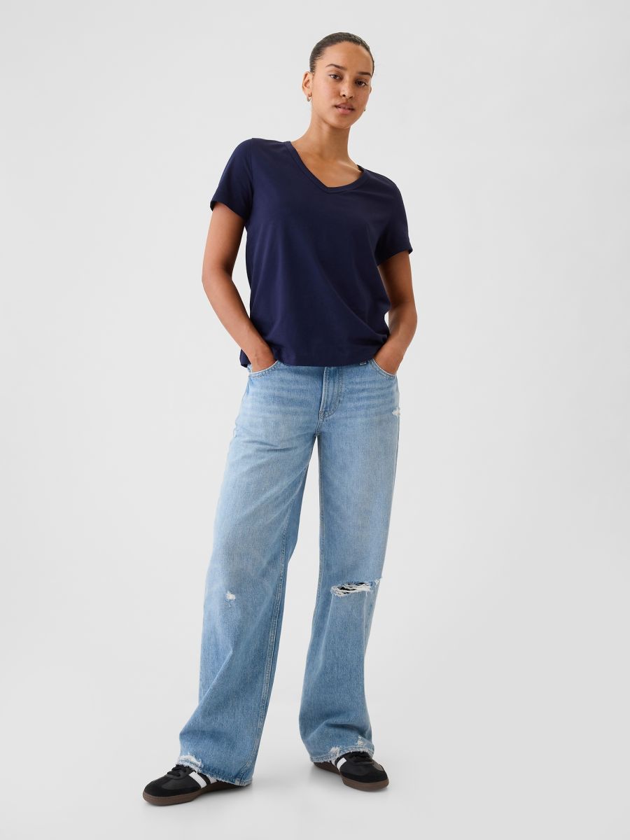 Μπλε Vintage V-Neck Μπλούζα από Οργανικό Βαμβάκι