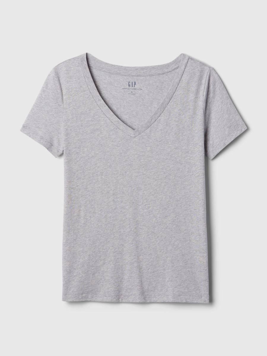 Γκρι Vintage V-Neck Μπλούζα από Οργανικό Βαμβάκι